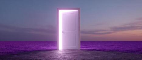Illuminated open door with bright light at twilight surreal scene evoking mystery photo