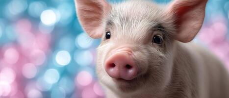 Cheerful baby pig playing in sunbeam indoor setting cute photography happy mood photo