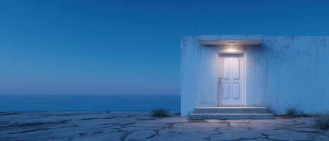 Illuminated whitewashed door at twilight coastal landscape architectural photograph serene environment photo