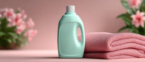 Laundry detergent bottle display with towels soft background product photography calm environment photo