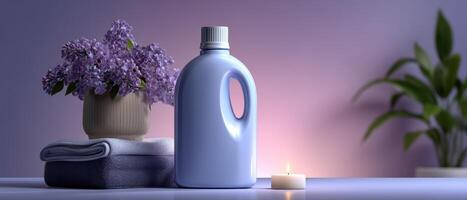 Captivating still life of laundry detergent bottle and flowers home setting photography cozy atmosphere photo