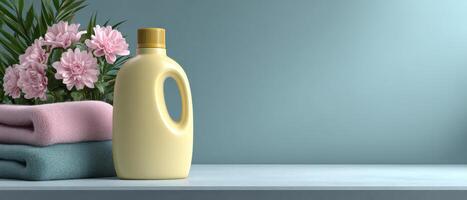 Laundry detergent bottle with floral arrangement minimalist setting still life natural light photo