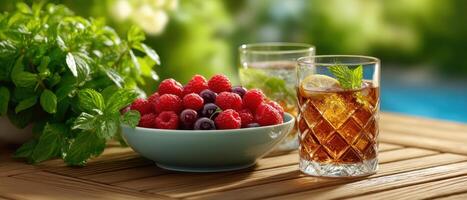 Refreshing summer drinks and berries on a wooden table in a lush patio setting photo