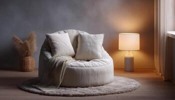 Cozy meditation corner with simple white furniture in a serene living room setting photo