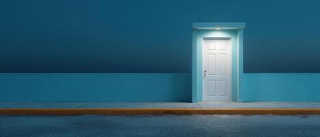A minimalistic metal door framed by cool teal light at night architectural photography calm setting photo
