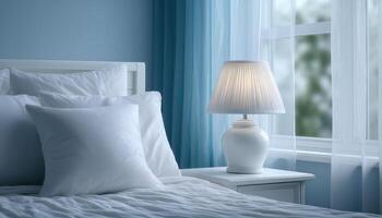 Tranquil bedroom with bright white bed frame cozy interior soft lighting peaceful ambiance photo