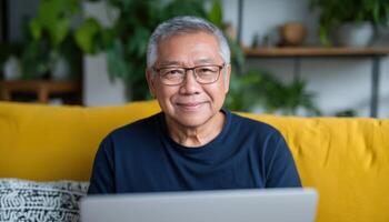 Relaxing senior man working on laptop in cozy living room warm atmosphere indoor view photo