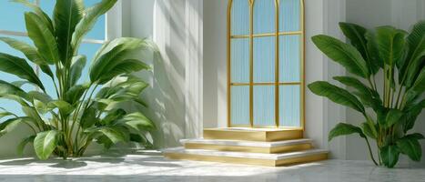 Elegant golden podium display modern interior 3d render bright ambiance low angle minimalism photo