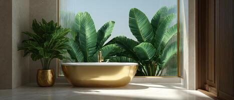 Serene bathroom oasis with golden bathtub and lush palm view modern interior design tranquil ambiance photo