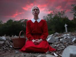 Mysterious woman in red dress graveyard at dusk emotional portrait eerie atmosphere introspective view photo