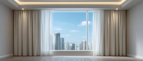 Modern sleek apartment with expansive city view urban landscape interior design perspective photo