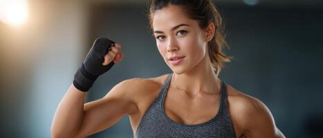 Sporty woman kickboxing workout in well-lit studio environment fitness lifestyle concept photo