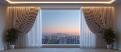 Spacious empty apartment room with city view at sunset modern decor calm environment photo