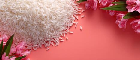 Scattered cooked rice with floral accents minimalist presentation soft color palette photo