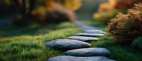 Tranquil zen-inspired stone pathway through lush green grass in nature landscape photo