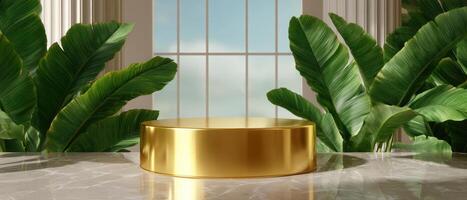 Glamorous golden podium displaying opulence luxurious studio 3d render bright environment high angle photo