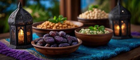 Iftar feast display ramadan celebration food arrangement cozy setting close-up cultural experience photo