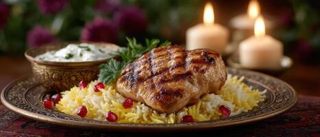 Traditional iftar meal of saffron rice and grilled chicken elegant setting food photography photo