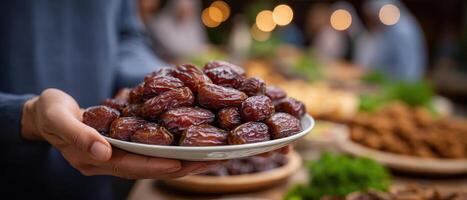 Breaking fast together friends share dates at a festive gathering in a cozy outdoor setting photo