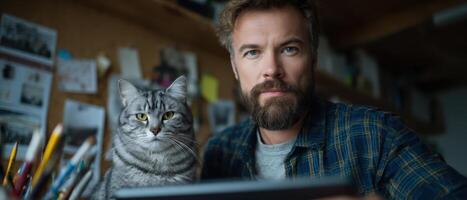 Artist sketching with cat companion in home studio creative environment digital art focus photo