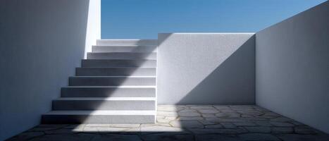 Sunlight casting shadows on white staircase in empty area minimalist architectural design photo