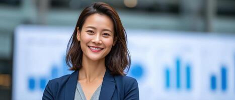 Confident asian businesswoman in front of large data display urban setting professional portrait photo