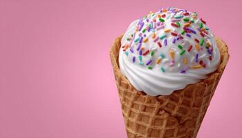 Delicious ice cream cone with rainbow sprinkles clean color background dessert studio close-up photo