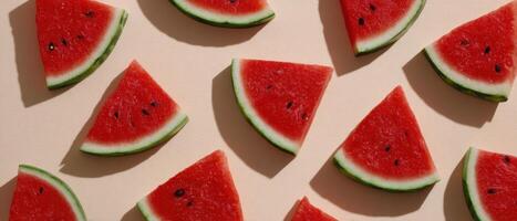 Refreshing watermelon slices displayed neatly on beige background for summer delights photo