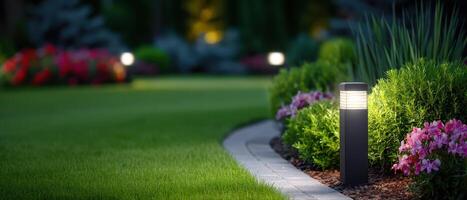 Soft glow from minimalist lawn lights in serene garden landscape at night photo