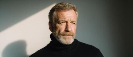 Minimal portrait of a middle-aged man in a black turtleneck studio setting calm mood photo
