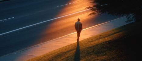 Lone man walking on empty city avenue at sunset urban landscape silhouette tranquil view photo