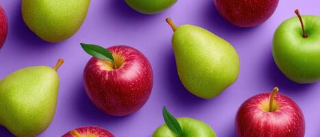 Sliced apples and pears arranged in attractive pattern vibrant background food photography photo