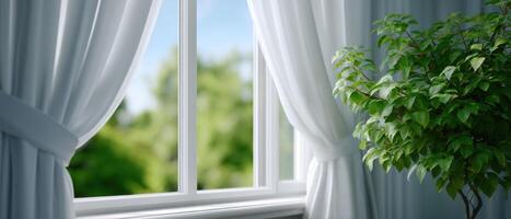 Sunlit room with billowing white curtains and lush greenery indoor serenity bright atmosphere photo