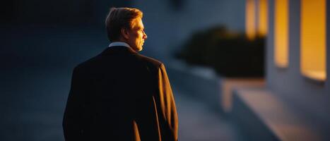 Contemplative man walking alone on a deserted street at sunset urban environment reflective mood photo