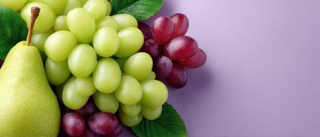 Artfully arranged sliced grapes and pears on soft lila background food photography elegant display photo