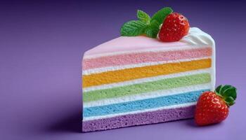 layered rainbow cake slice on colorful background dessert photography vibrant display photo