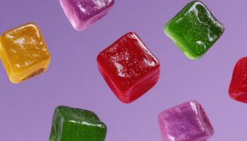 Colorful jelly cubes on purple background creative food art vibrant environment close-up view photo