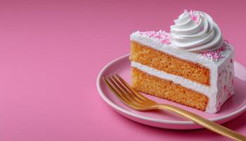 Delicious minimal cake slice with fork on pink background food photography sweet treats photo