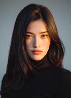 Sidelit portrait of asian female with long hair in minimalist setting studio environment photo
