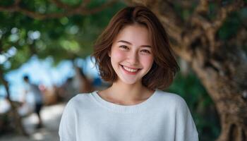 Smiling asian girl under tree portrait outdoor lifestyle joyful environment natural view photo