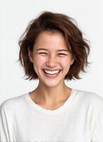 Joyful asian girl laughing with eyes closed in white space portrait happiness concept photo