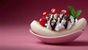 Delicious banana split dessert colorful background food photography sweet treat concept photo
