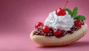 Sweet banana split with cherry topping against a colorful food photography background photo