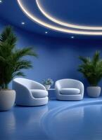 Futuristic minimalist lounge design modern space interior photography blue environment contemporary view photo