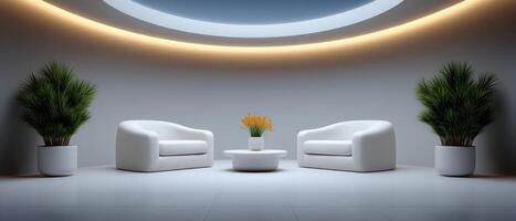 Minimalist lounge area with curved lighting design modern interior peaceful ambiance photo