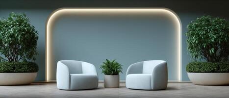 Modern lounge area with curved lighting design in minimalist space interior design aesthetic appeal photo