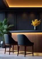 Minimal bar seating area with glowing footlights modern lounge interior design cozy ambiance photo
