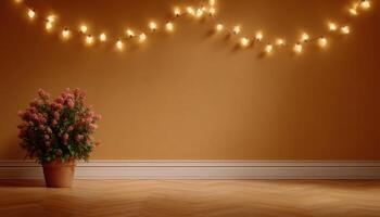 Minimalist artistic corner with floating lights and floral decoration in a cozy room photo