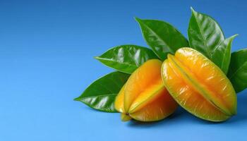 Fresh star fruit slices on vibrant blue background modern presentation nature's delight photo
