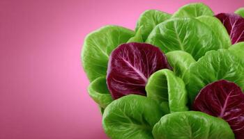 Fresh organic salad greens on pastel pink background colorful food photography vibrant display photo